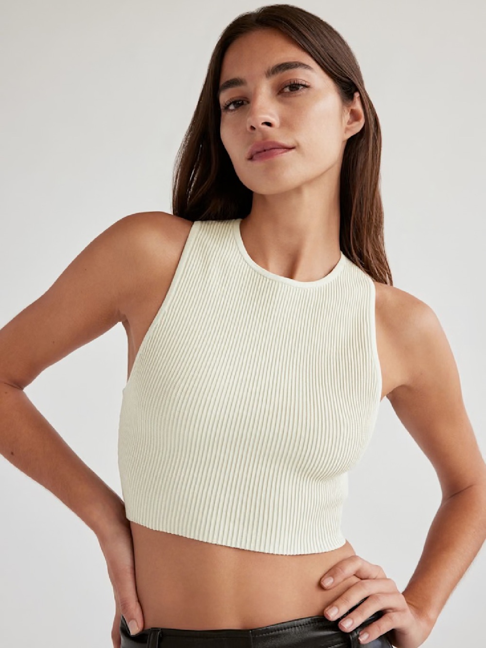 Aritzia Babaton Sculpt Knit Ribbed Cropped Racerback Tank Ivory S